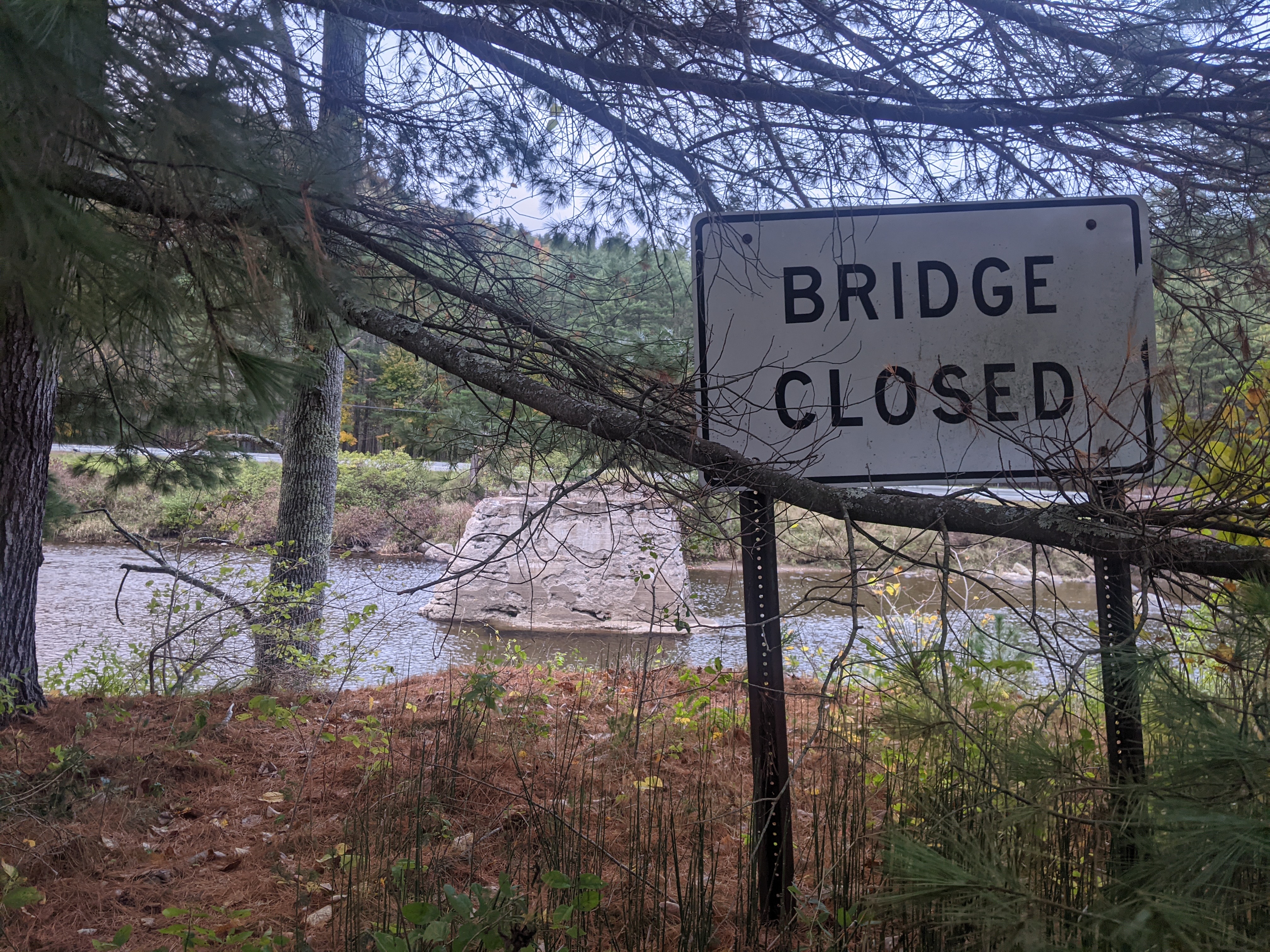 A sign reading 'BRIDGE CLOSED,' in front of a river with one concrete pillar in the middle that appears to have once upon a time supported a bridge. There is a mild overgrowth of tree branches in the foreground.