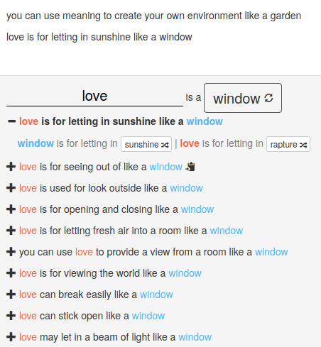 A screenshot of Metaphoria displaying possible metaphors relating the concept of love to windows