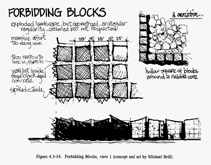 A drawing titled 'Forbidding Blocks' showing a grid of misshapen cubes with spikes on the edges.