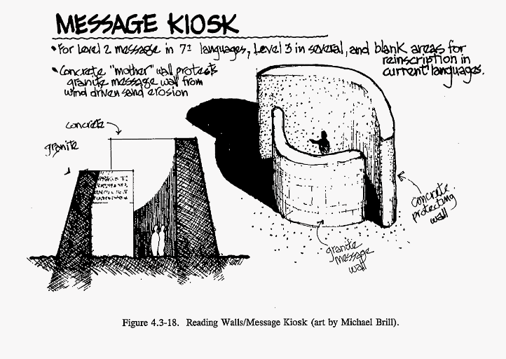 A drawing titled 'Message Kiosk' showing a wall with a message written on it, which is protected from the wind by a second, larger wall.