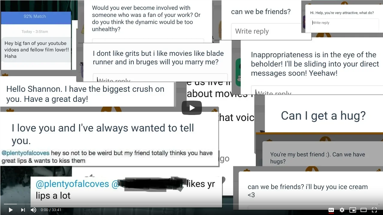 A thumbnail image of a youtube video, showing screenshots of various creepy messages.