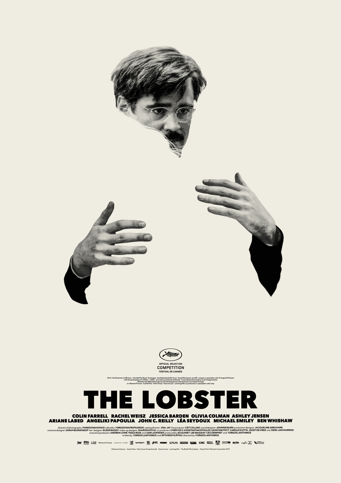 The poster for the movie 'The Lobster', showing a disembodied face and hands in a hug, as though the person being hugged has been airbrushed out